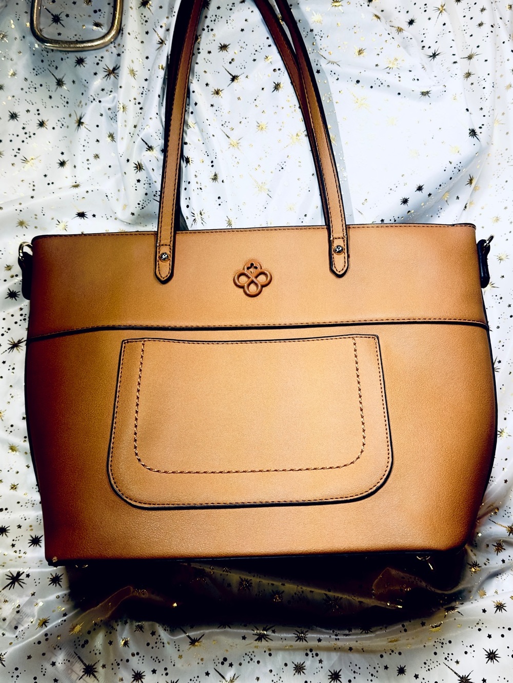 Jaime Ibiza Caramel Tan Structured Tote Bag with Front Pocket W/ Gold Hardware